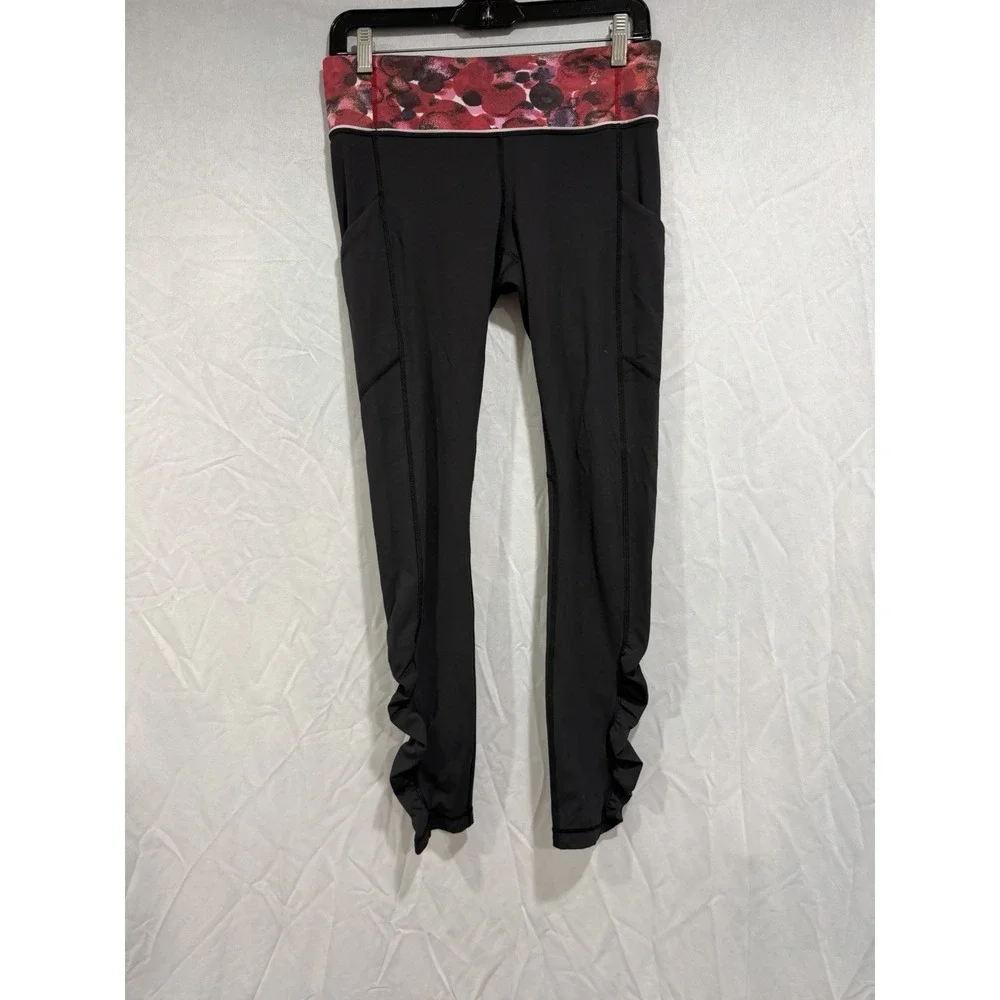 Lululemon Women Speed‎ Tight IV Ruched Athletic Legging Black Floral Size 6 Yoga